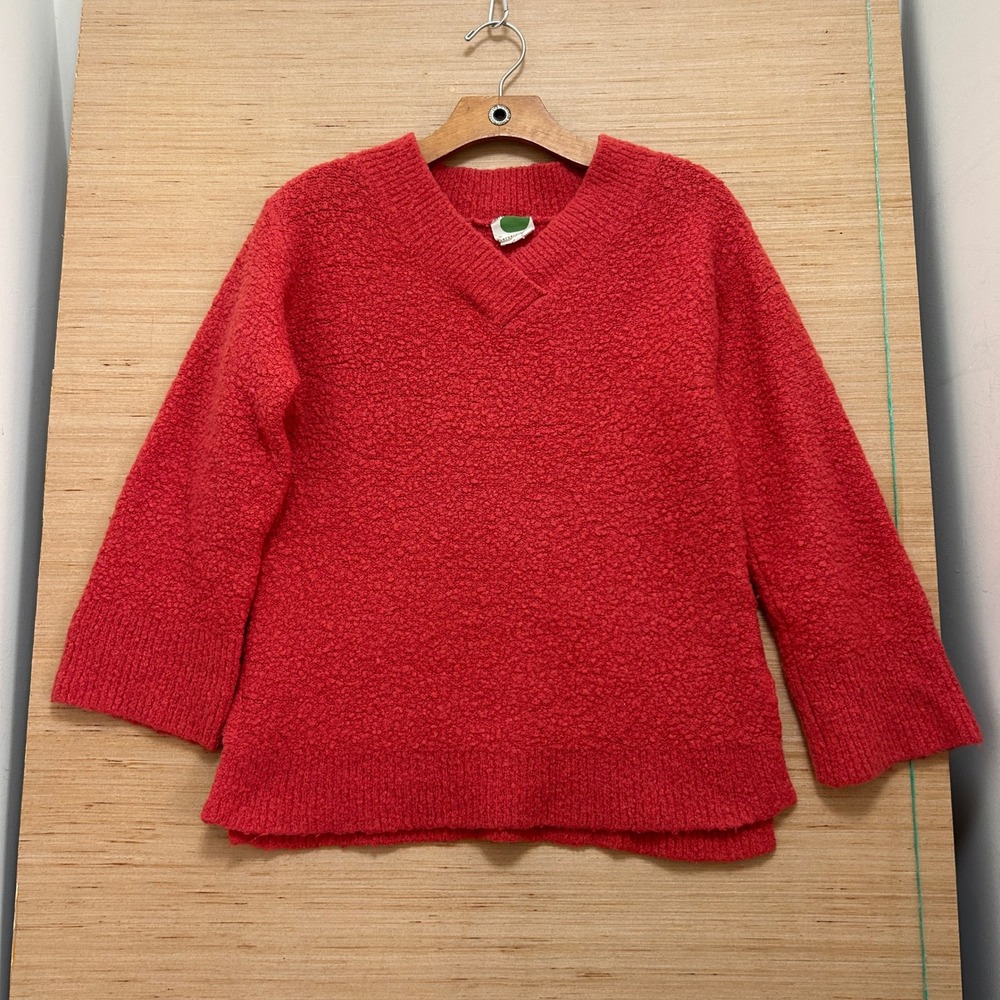 Anthropologie Red Boucle Knit V-Neck Sweater Relaxed Fit Side‎ Slits XS
